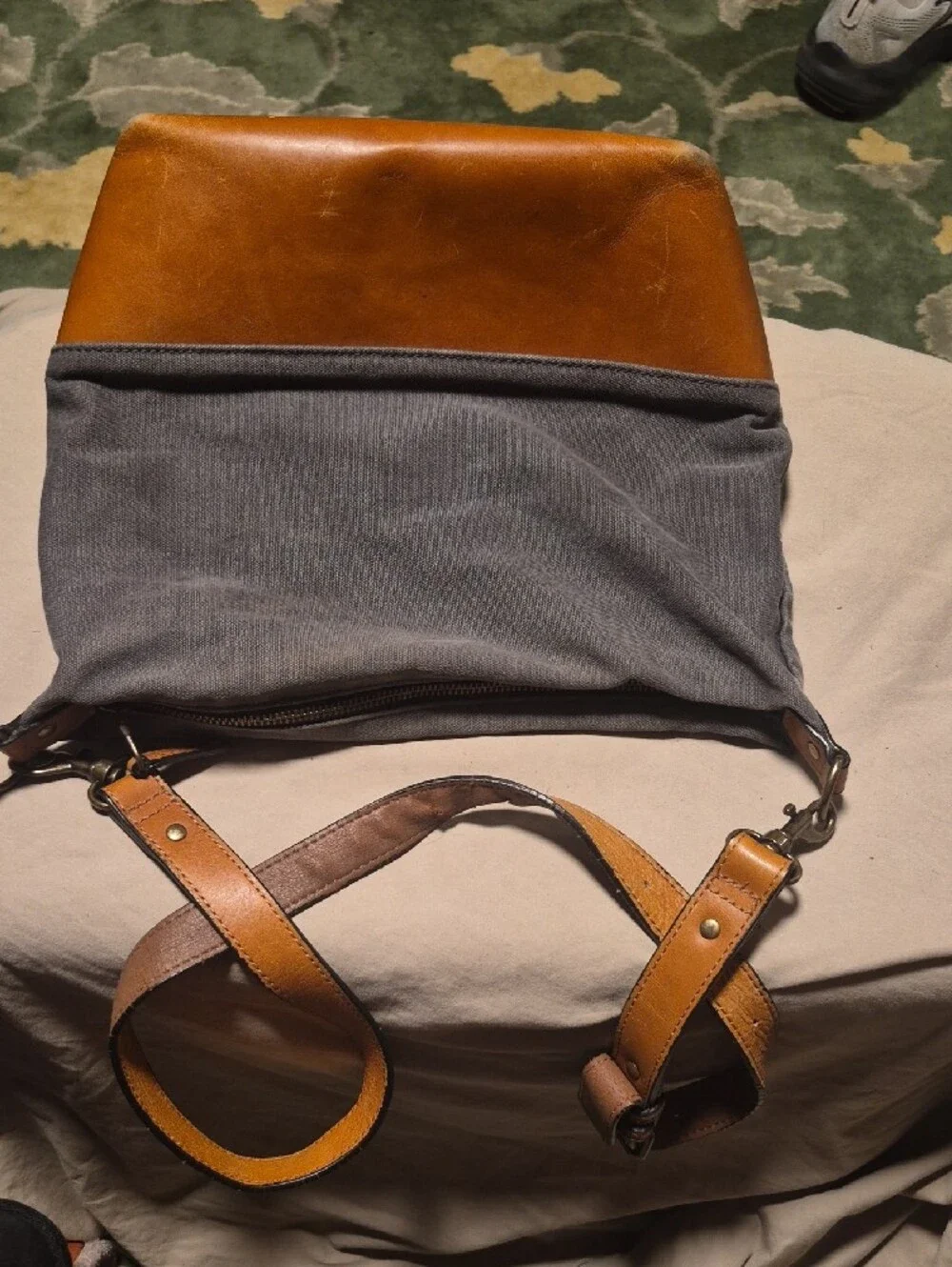 L.L. Bean Brown Leather and Gray Canvas Duffel Bag